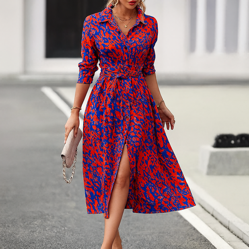 Modern Printed A-Line Everyday Shirt Dress with Slit for Women