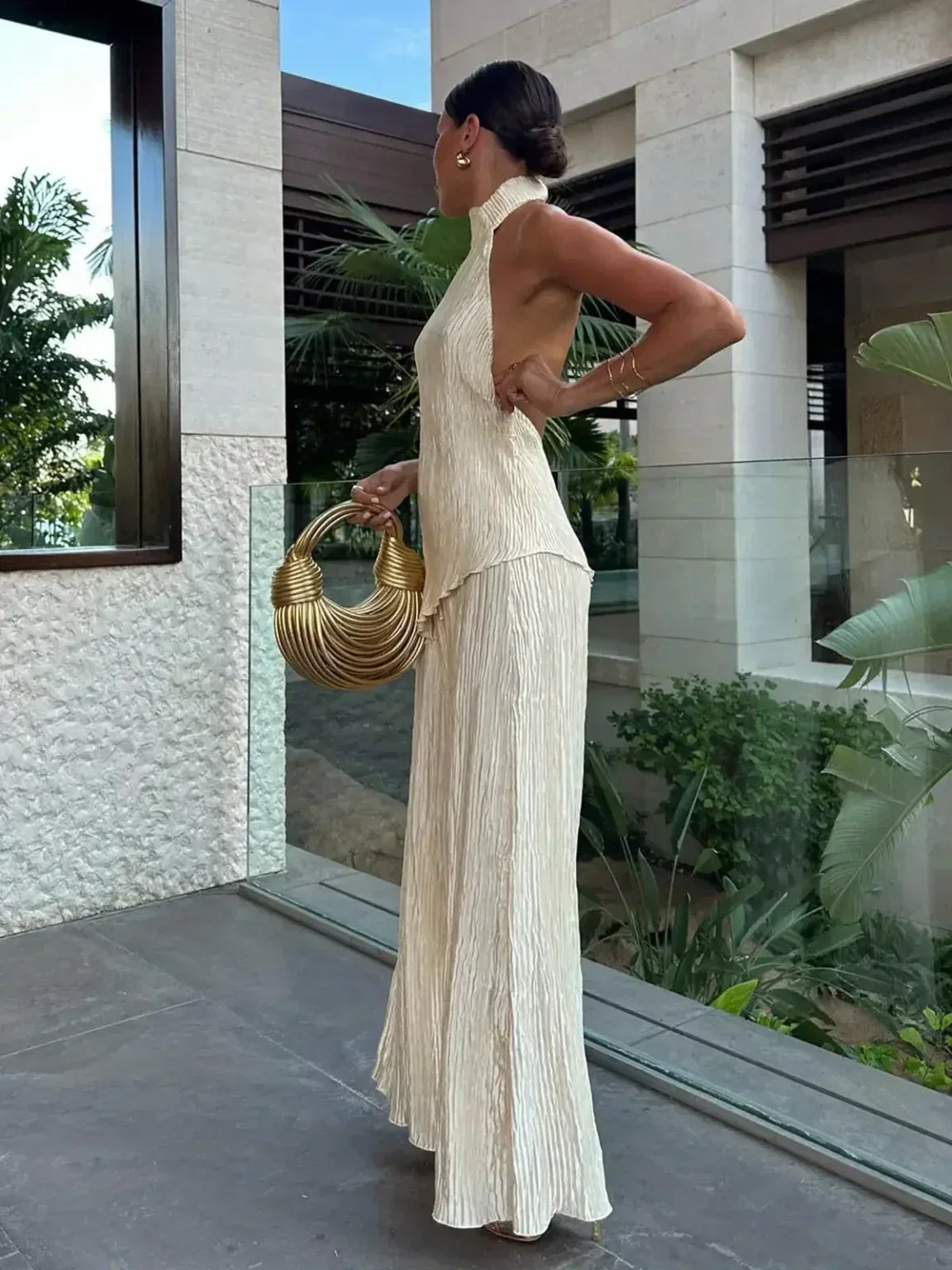 Women's Stunning Pleated Two Piece Set – Halter Neck Top and Trouser