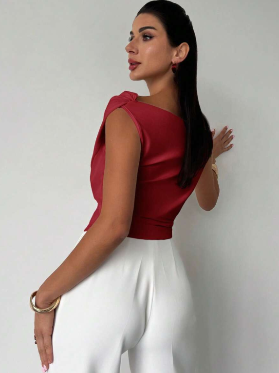 Women's Elegant Draped Shoulder Top with Round-Neckline